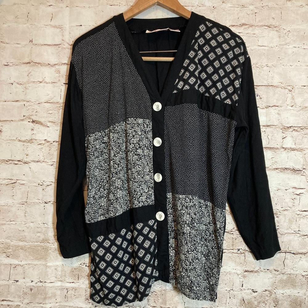 Vintage Penny Lane Top Womens Medium Black Floral Patchwork Lagenlook Tunic